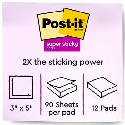Post-it Super Sticky Notes, 3 x 5, Canary Yellow, 90 Sheets/Pad, 12 Pads/Pack (655-12SSCY)