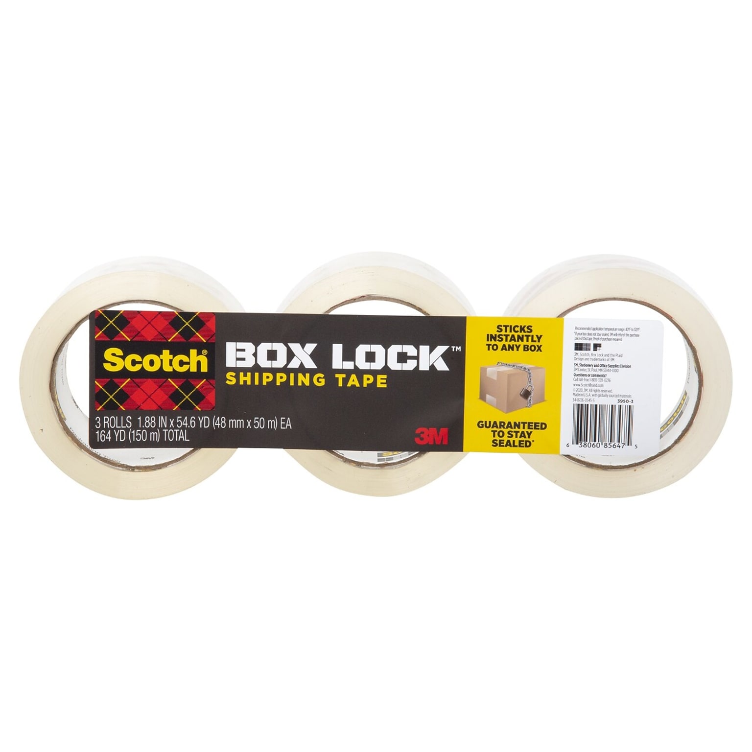 Scotch Box Lock Shipping Packing Tape, 1.88 in. x 38.2 yds., Clear, 3 Pack (3950S-3)
