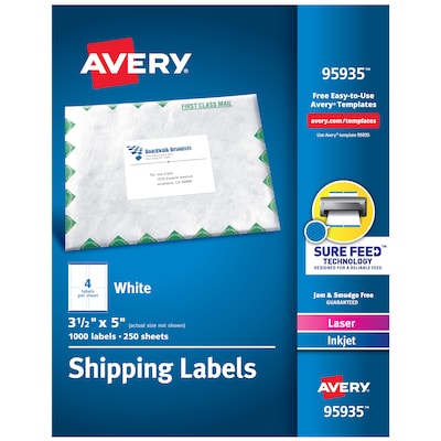 Avery Sure Feed Laser/Inkjet Shipping Labels, 3-1/2 x 5, White, 4 Labels/Sheet, 250 Sheets/Box, 1,