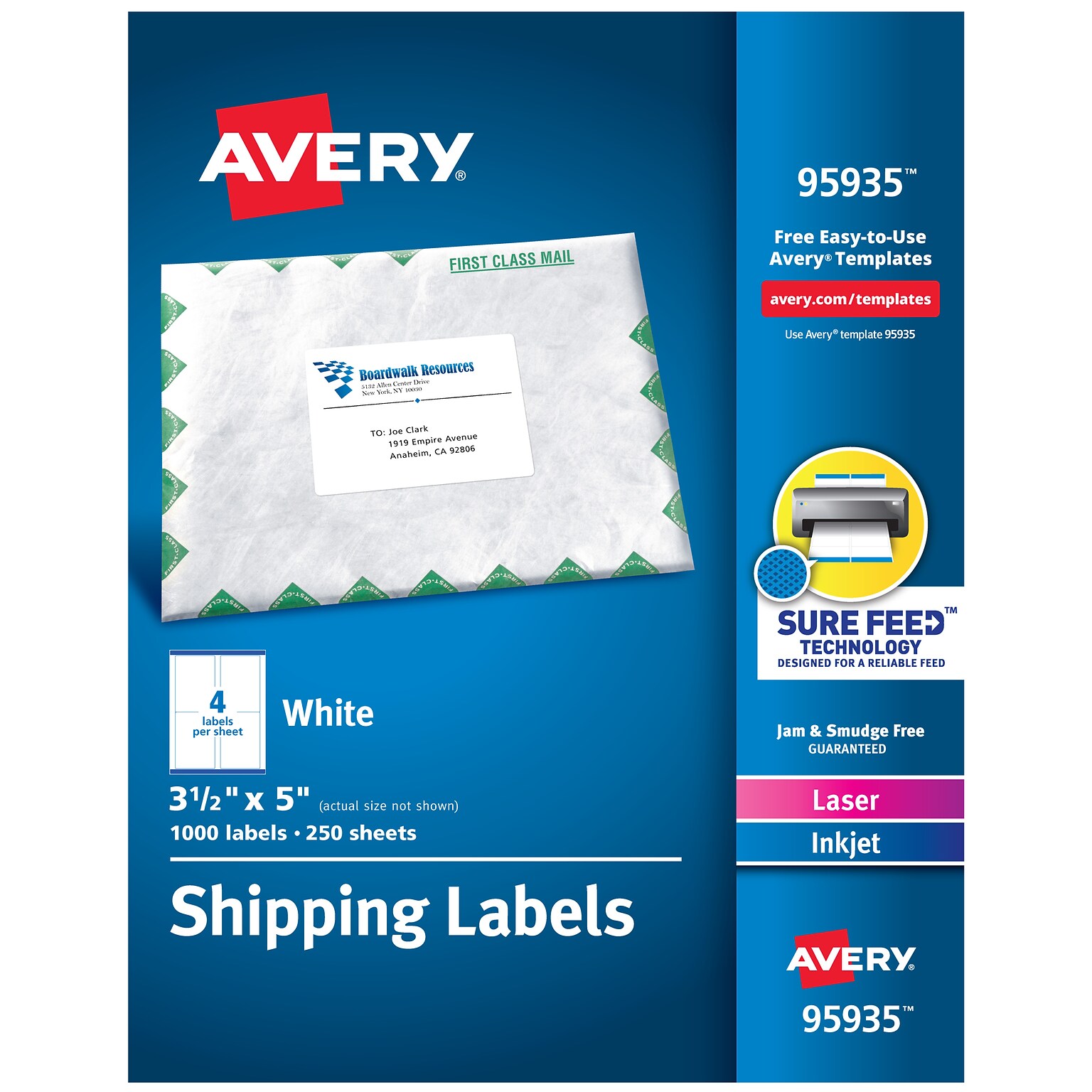 Avery Sure Feed Laser/Inkjet Shipping Labels, 3-1/2 x 5, White, 4 Labels/Sheet, 250 Sheets/Box, 1,000 Labels/Box (95935)