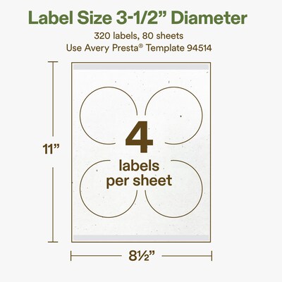 Avery Hemp Round Laser/Inkjet Multipurpose Labels, 3-1/2" Dia, Off-White (320/Box)
