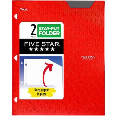 Five Star Stay Put  3-Hole Punched 2 Pocket Plastic Folder, Fire Red (333420D-ECM26)