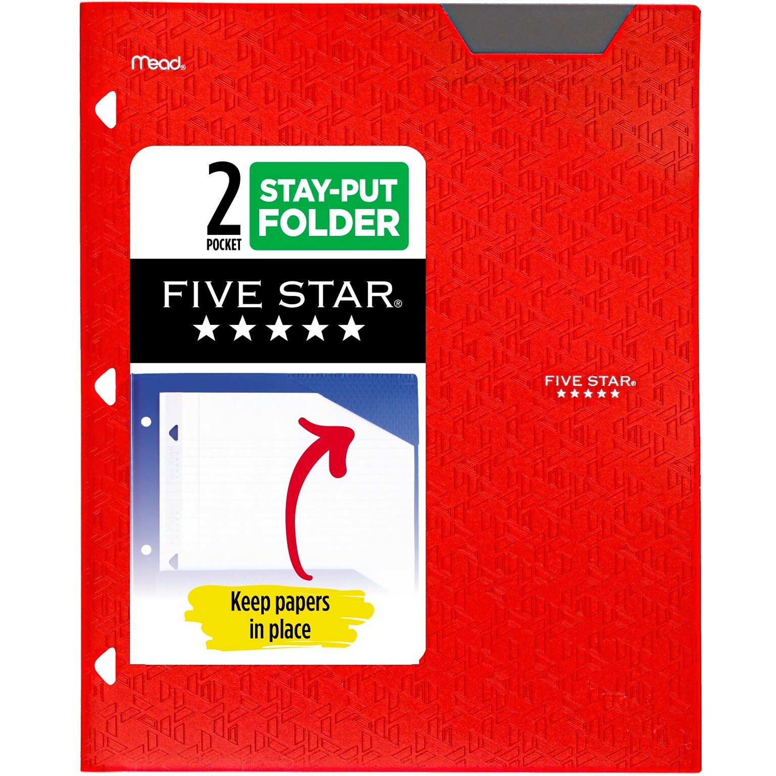 Five Star Stay Put  3-Hole Punched 2 Pocket Plastic Folder, Fire Red (333420D-ECM26)