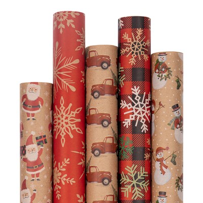 JAM Paper® Kraft Wrapping Paper Rolls - 125 sq ft. - Kraft Christmas Set - 5 Rolls/Pack