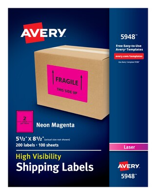 Avery Laser Shipping Labels, 5 1/2 x 8 1/2, Neon Pink, 2 Labels/Sheet, 100 Sheets/Box (5948)