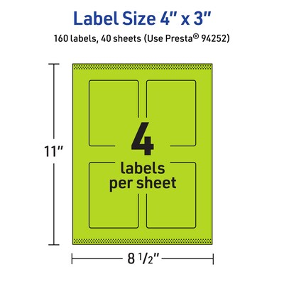 Avery Printable Rectangle Multipurpose Labels, 4" x 3", Bright Green, 160/Pack (94252)