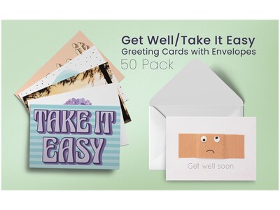 Better Office Get Well Cards with Envelopes, 4" x 6", Assorted Colors, 50/Pack (64624-50PK)