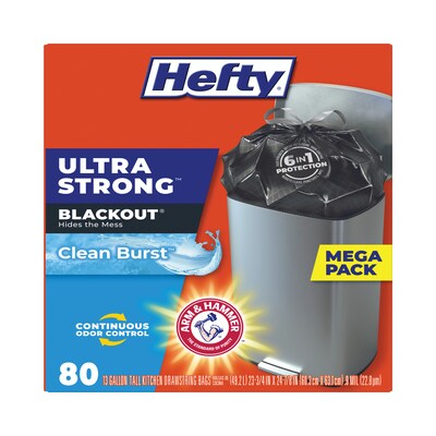 Hefty® Ultra Strong BlackOut Tall-Kitchen Drawstring Bags, 13 gal, 0.9 mil, 23.75" x 24.88", Black, 80 Bags/Box, 3 Boxes/Carton