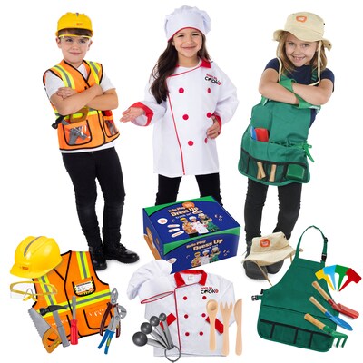 Bintiva Dress Up/Drama Play Helping At Home Trunk Set, Construction Worker/Chef/Gardener, 15 Pieces/