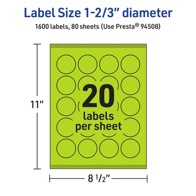 Avery Circle Multipurpose Labels, 1-2/3" Dia., Bright Green, 1600/Box (94508)