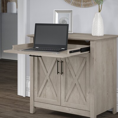 Bush Furniture Key West 66" Entryway Storage Set with Hall Tree, Shoe Bench, and Armoire Cabinet, Washed Gray (KWS055WG)
