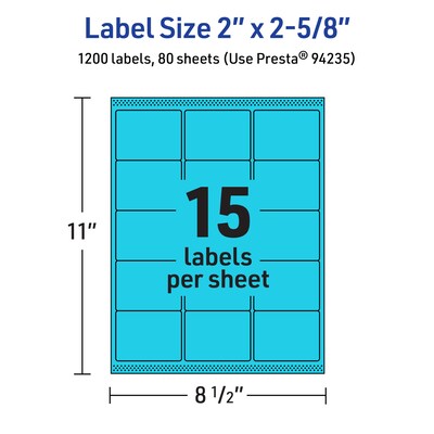 Avery Printable Rectangle Multipurpose Labels, 2" x 2-5/8", Bright Blue, 1200/Box (94235)