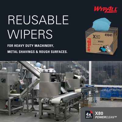 WypAll PowerClean X80 Fabric Cleaning Wipers, 16.8" x 12.5", Blue, 160 Wipers/Box, 160/Carton (41041)