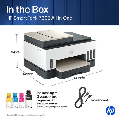 HP Smart Tank 7303 Wireless All-in-One Supertank Printer, Up to 3 Years of Ink Included (9B5D0A)