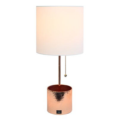 Simple Designs Hammered Metal Organizer Table Lamp with USB charging port and Fabric Shade, Rose Gol