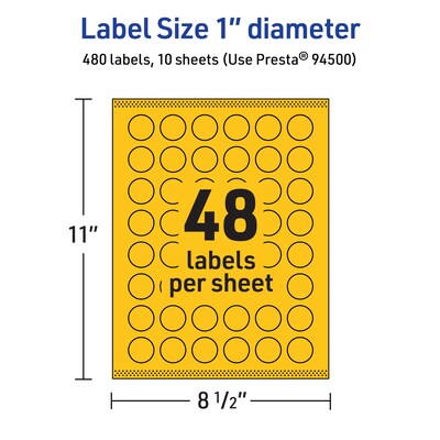 Avery Laser/Inkjet Round Multipurpose Labels, 1" Dia., Bright Yellow, 480/Pack (94500)