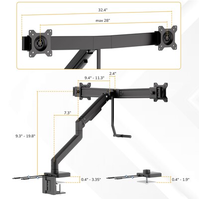 Mount-It! Dual Monitor Gas Spring Desk Mount with Crossbar For Screens Up to 32", Holds 19.8 lbs Per Arm, Black (MI-12002)