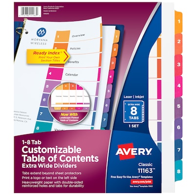 Avery Ready Index Table of Contents Extra-Wide Paper Dividers, 1-8 Tab, Multicolor (11163)