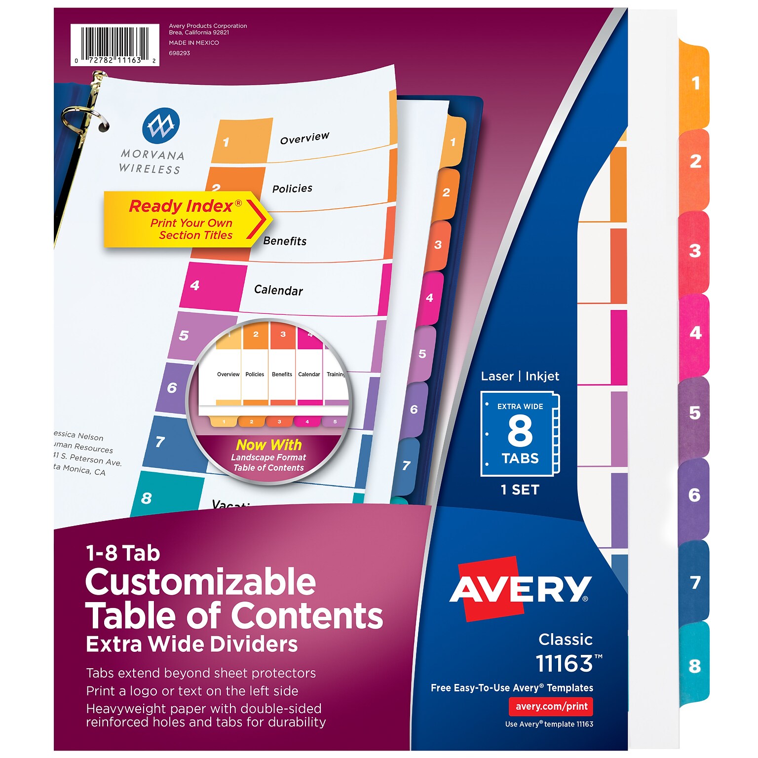 Avery Ready Index Table of Contents Extra-Wide Paper Dividers, 1-8 Tab, Multicolor (11163)