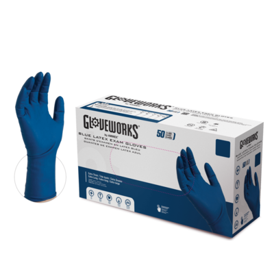 GloveWorks Powder Free Latex Food Safe Exam Gloves, Large, Blue, 50 Gloves/Box (GPLHD86100)