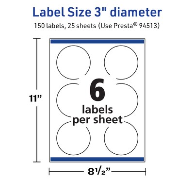 Avery TrueBlock Laser/Inkjet Circle Multipurpose Labels, 3" Dia., White, 150/Pack (94513)