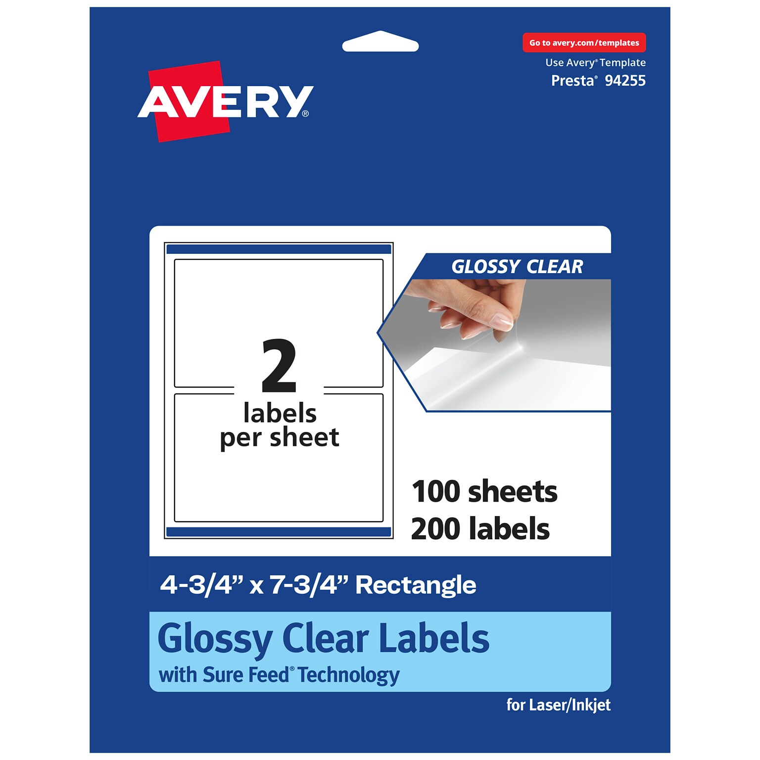 Avery Laser/Inkjet Multipurpose Labels, 7.75 x , Glossy Clear, 200/Box (94255)