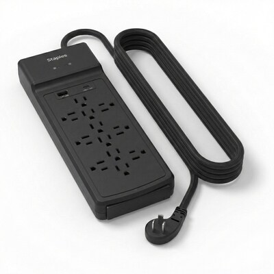 Staples TECH 12-Outlet 2-USB Port Surge Protector, 8, 3900 Joules, Black (ST62774)