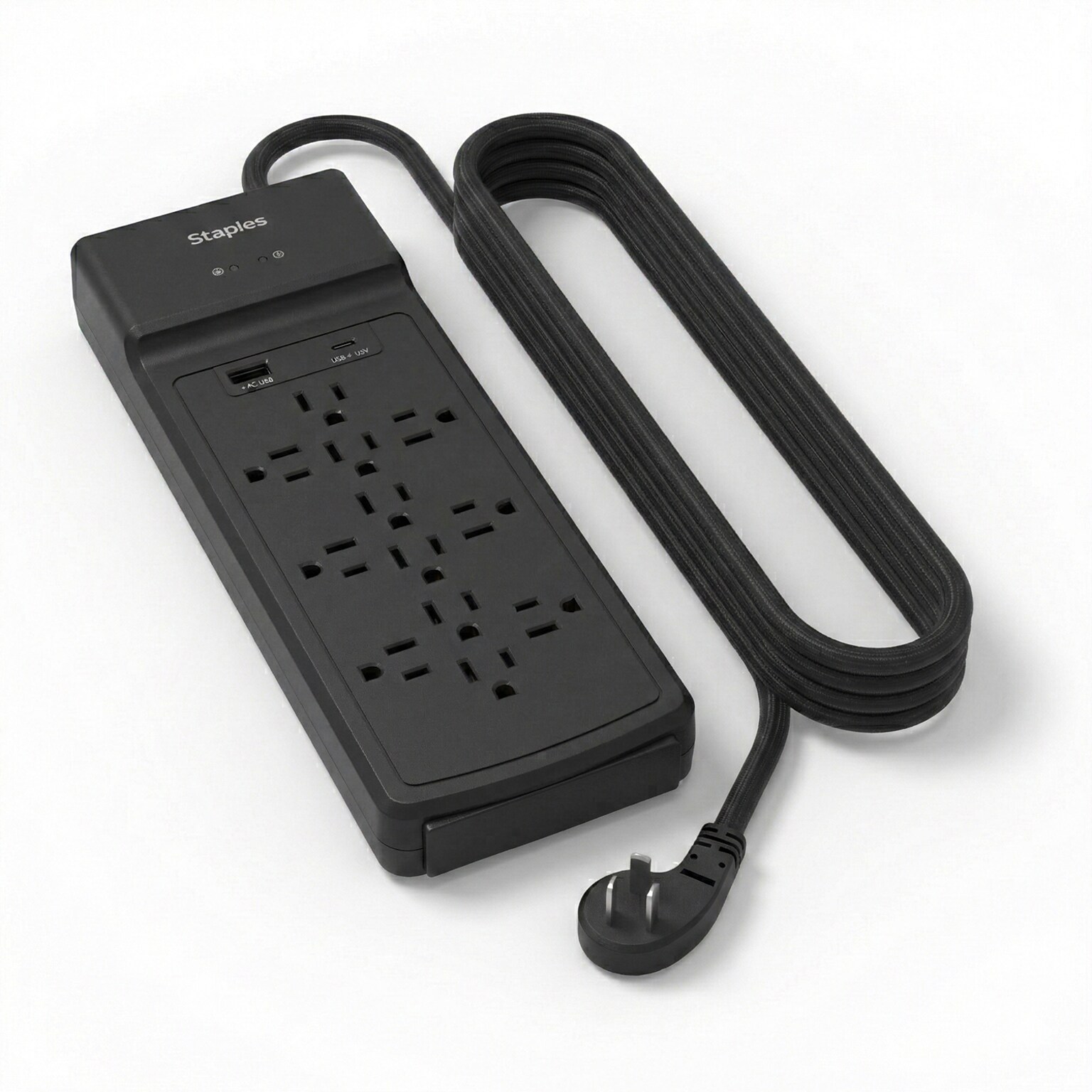Staples TECH 12-Outlet 2-USB Port Surge Protector, 8, 3900 Joules, Black (ST62774)