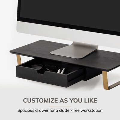 Anji Mountain Mango Wood & Metal Monitor Stand with Two USB Ports and Drawer, Black and Gold (MS-BLK-06GLD-PD)