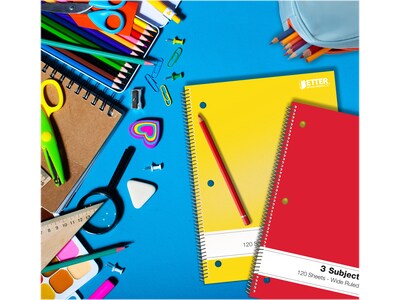 Better Office 3-Subject Notebooks, 8" x 10.5", Wide Ruled, 120 Sheets, 6/Pack (25636-6PK)