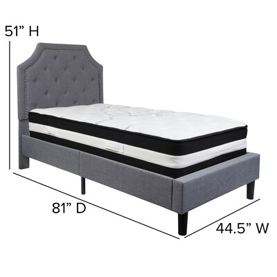 Flash Furniture Brighton Tufted Upholstered Platform Bed in Light Gray Fabric with Pocket Spring Mattress, Twin (SLBM9)
