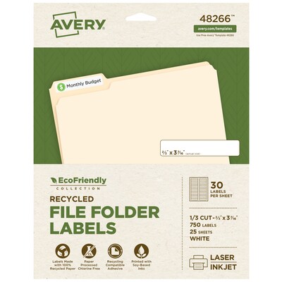 Avery EcoFriendly Laser/Inkjet File Folder Labels, 2/3 x 3-7/16, White, 750 Labels/Box (48266)
