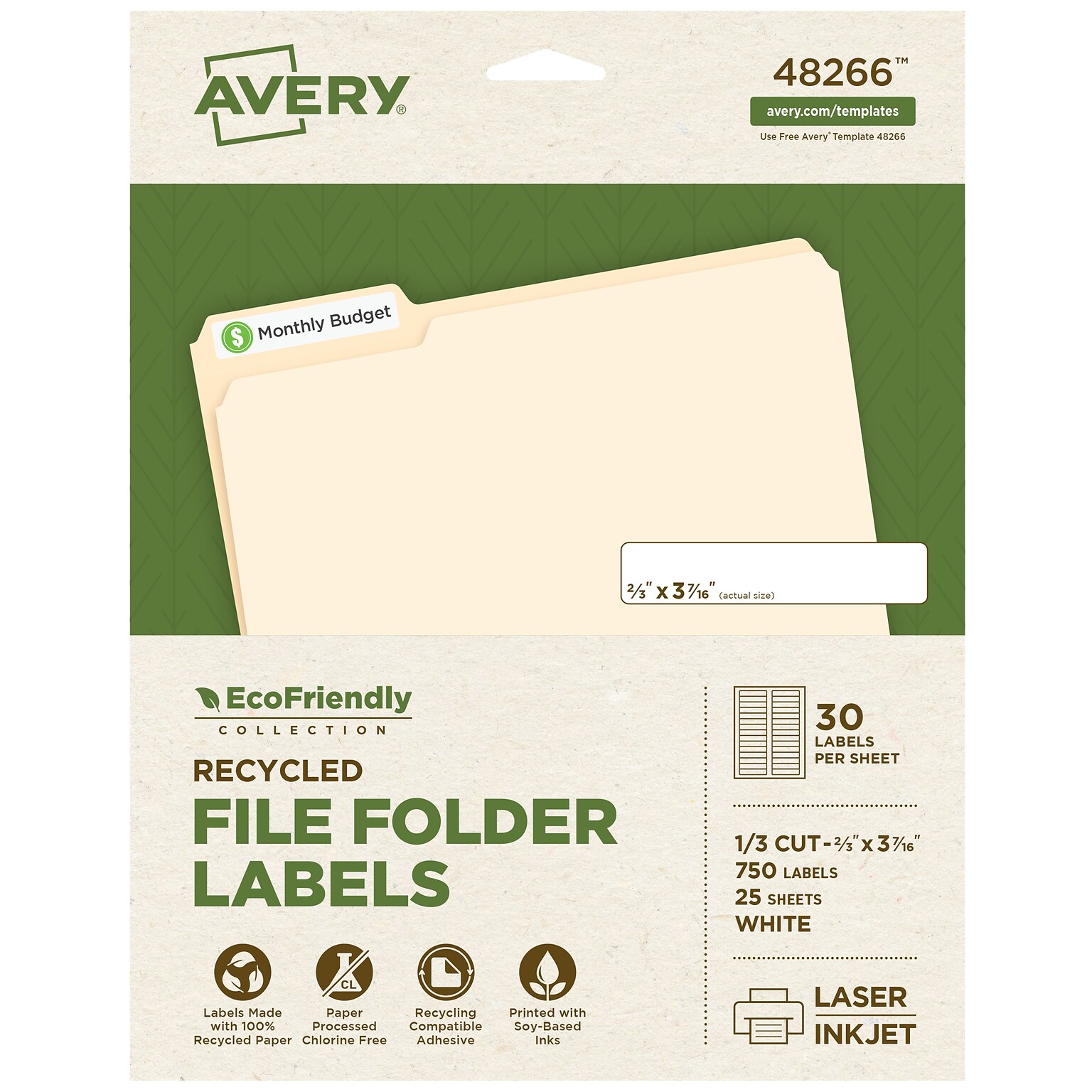 Avery EcoFriendly Laser/Inkjet File Folder Labels, 2/3 x 3-7/16, White, 750 Labels/Box (48266)