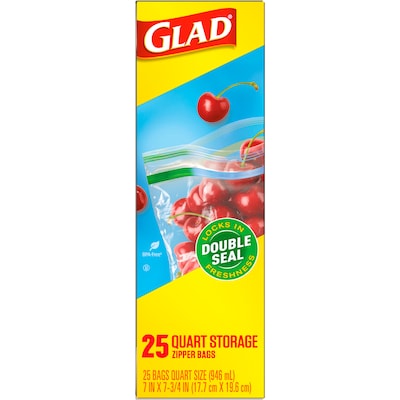 Glad Zipper Storage Bags, Quart, 25 Bags/Box (55052)