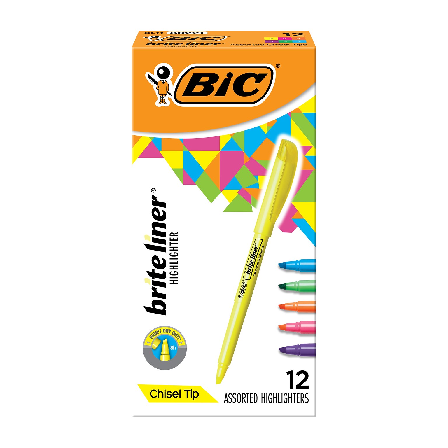 BIC Brite Liner Stick Highlighter, Chisel Tip, Assorted Colors, Dozen (BL11-AST)