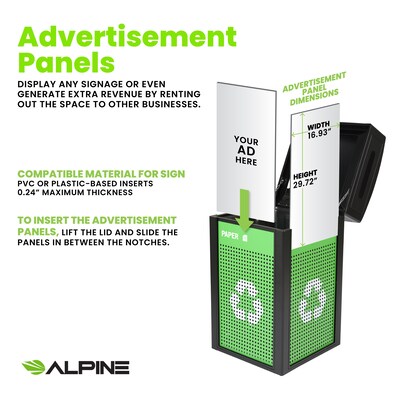 Alpine Industries GS Series Steel Recycling Bin, 40 Gallon, Green (ALP471-40-GS-S)