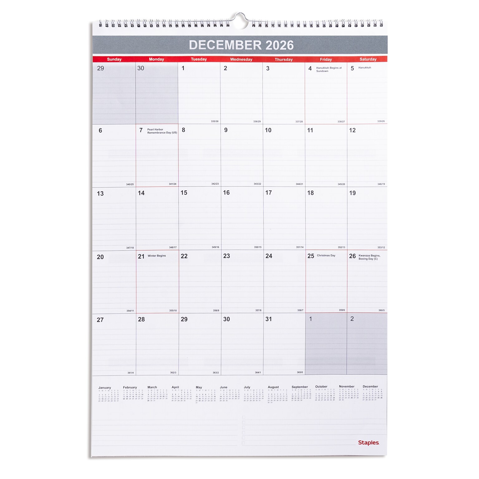 2026 Staples 15.5 x 22.75 Monthly Wall Calendar, White/Red/Gray (ST53925-26)