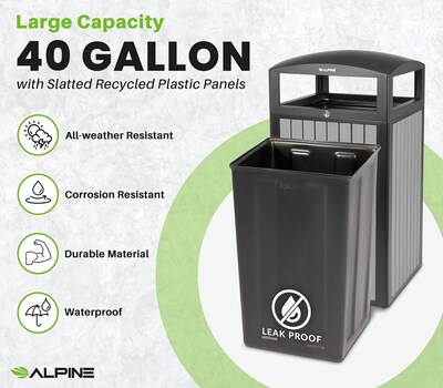 Alpine Industries Steel Outdoor Trash Can with Dome Lid, 40 Gallon, Gray (ALP471-40-WD-GRY)