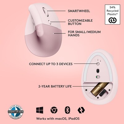 Logitech Lift Vertical Wireless Ergonomic Optical Mouse, Rose (910-006472)