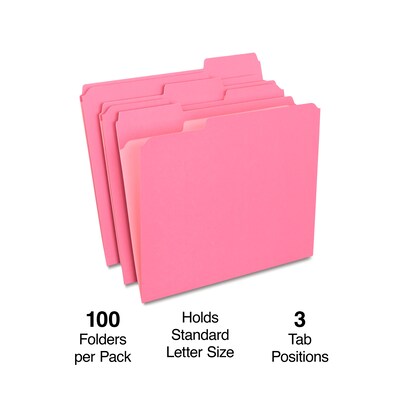 Staples Reinforced File Folders, 1/3-Cut Tab, Letter Size, Pink, 100/Box (508952)