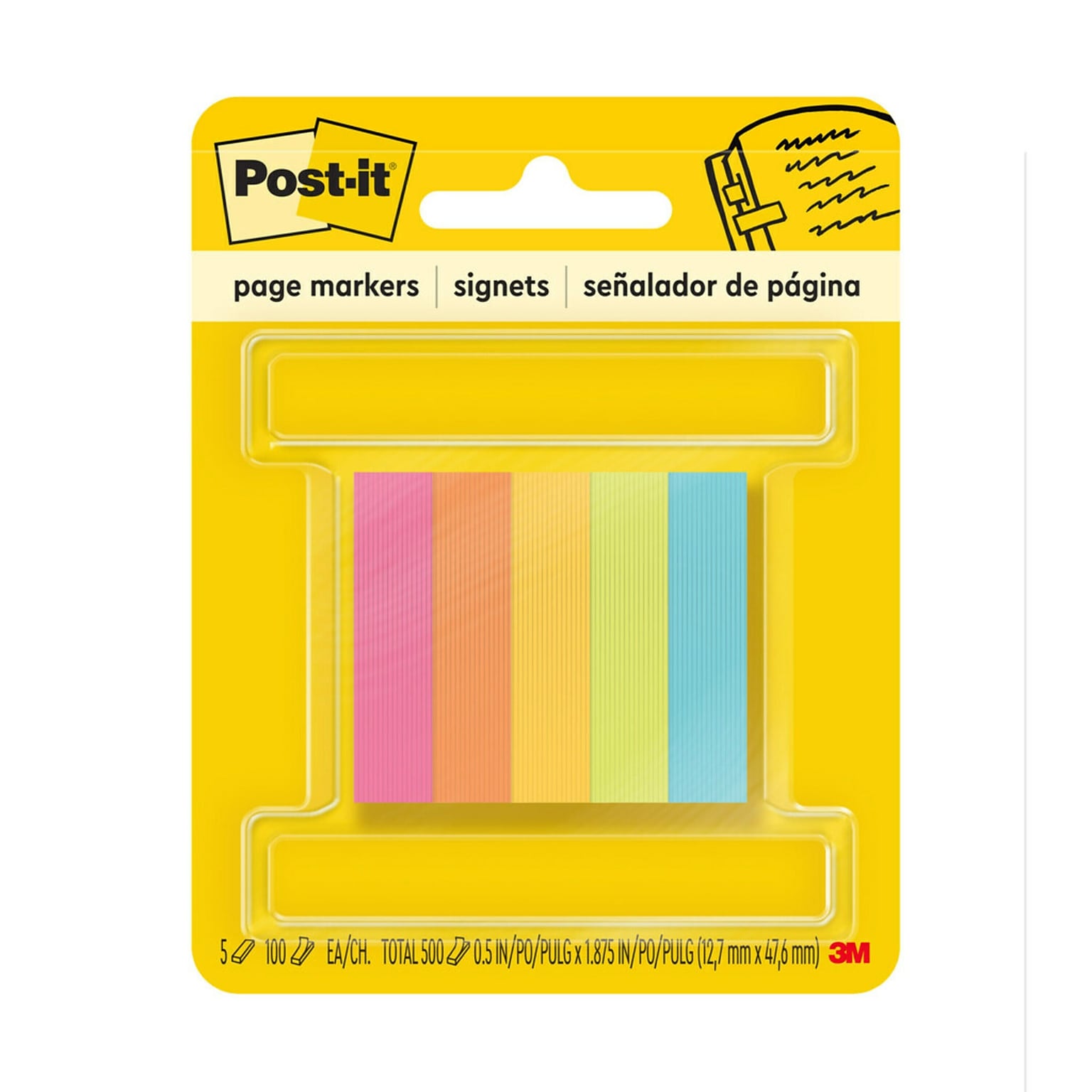 Post-it Page Markers, Assorted Colors , .5 in. x 1.875 in., 100 Sheets/Pad, 5 Pads/Pack (6705AN)