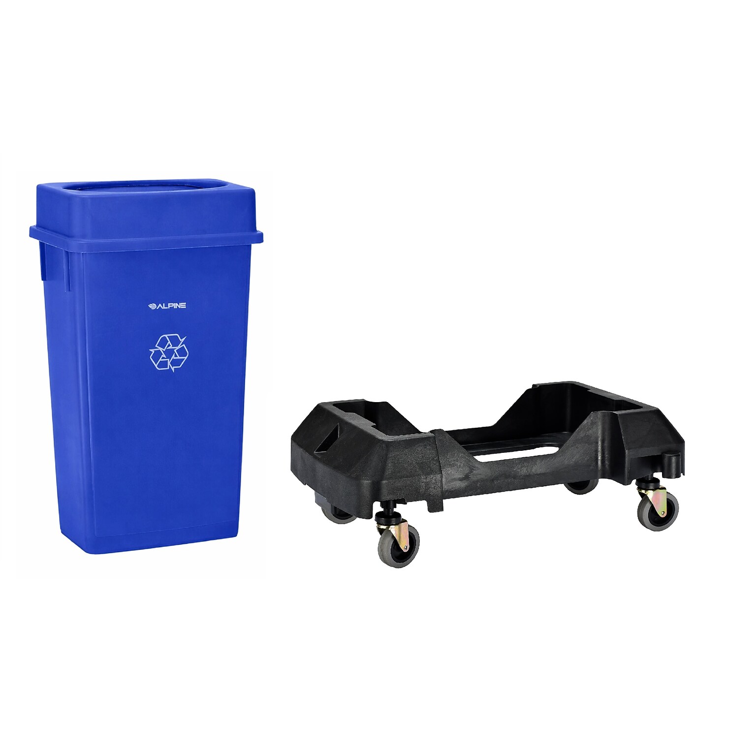Alpine Industries Polypropylene Recycling Bin with Dolly, 23 Gallon, Blue (ALP477-BLU2-PKD)