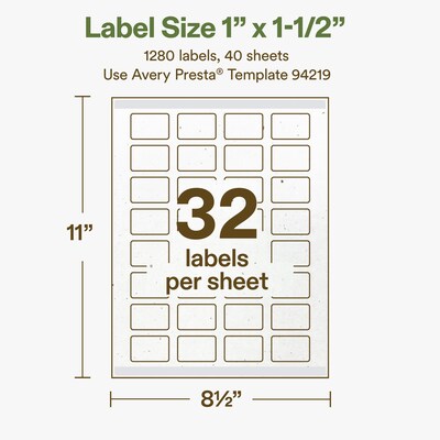 Avery Hemp Rectangle Laser/Inkjet Multipurpose Labels, 1" x 1-1/2", Off-White (1280/Box)