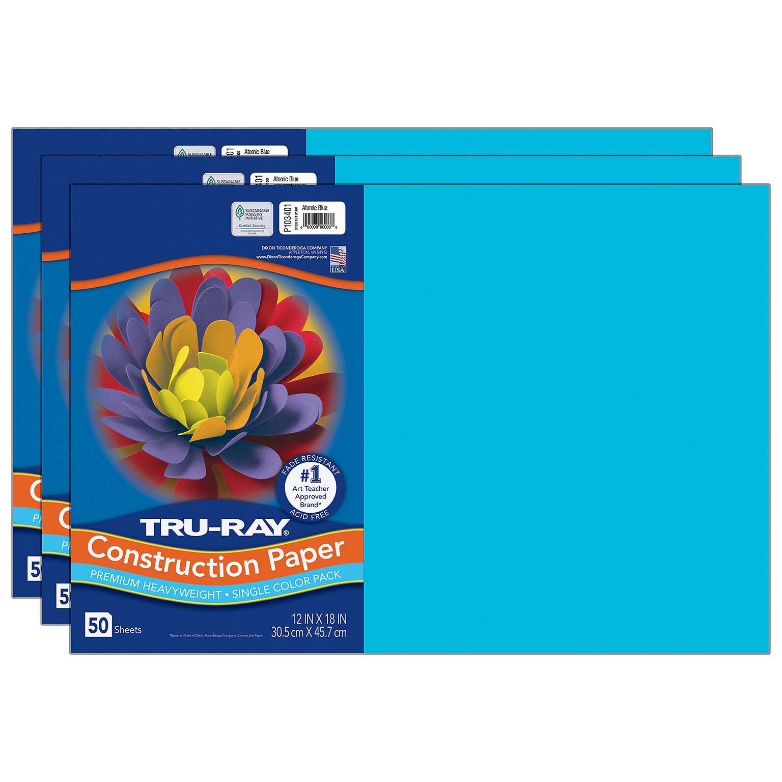 Tru-Ray 12 x 18 Construction Paper, Atomic Blue, 50 Sheets/Pack, 3 Packs/Bundle (PAC103401-3)
