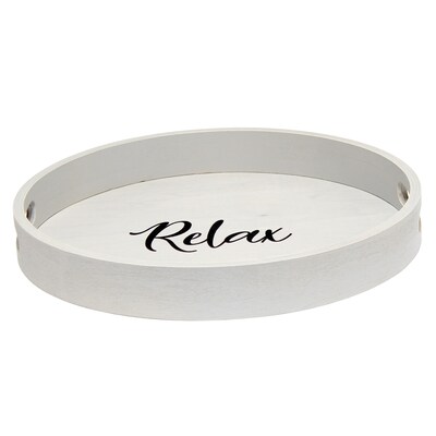 Elegant Designs "Relax" Decorative 13.75" Round Wood Serving Tray w/ Handles, Gray Wash (HG2013-GYX)