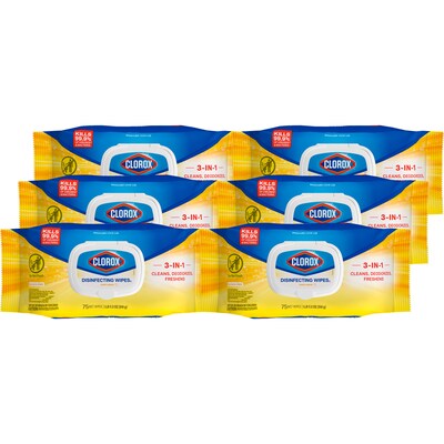 Clorox Disinfecting Wipes, Lemon Scent, 75 Wipes/Container, 6/Carton (31404CT)