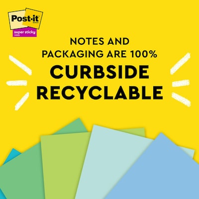 Post-it Recycled Super Sticky Notes, 3" x 3", Oasis Collection, 70 Sheet/Pad, 5 Pads/Pack (654R-5SST)