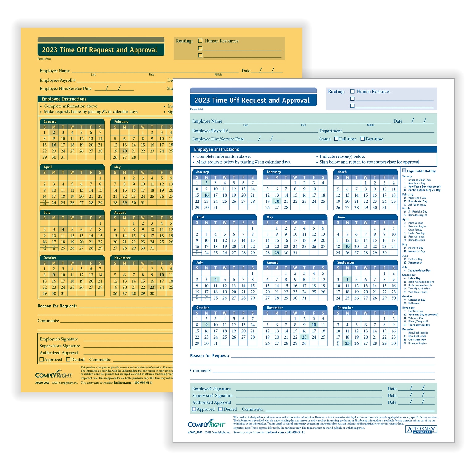 ComplyRight 2023 2-Part Time Off Request and Approval Form, Pack of 50 (A0030)