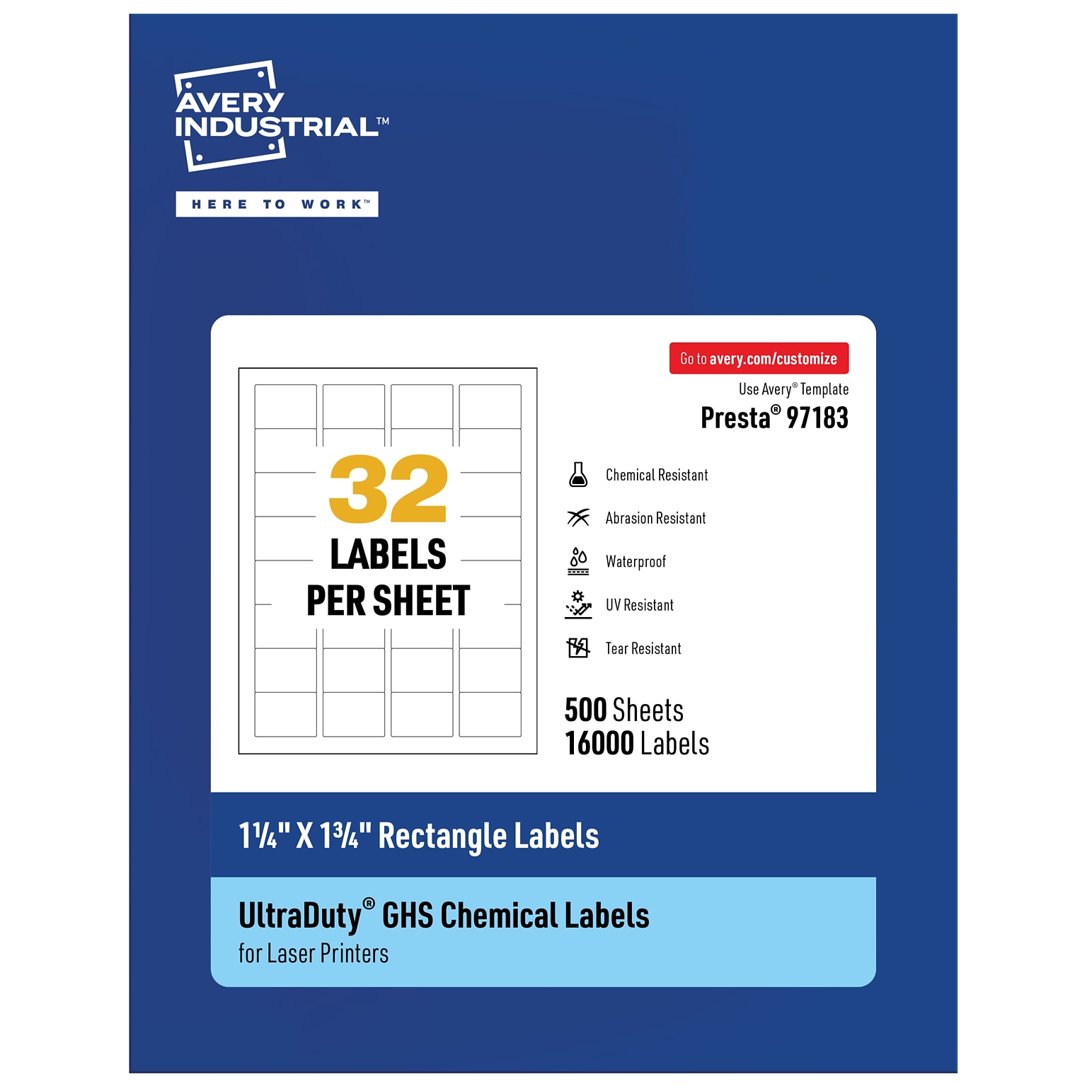 Avery UltraDuty Rectangle Multipurpose Labels, 1-1/4 x 1-3/4, White, 16000/Box  (97183)