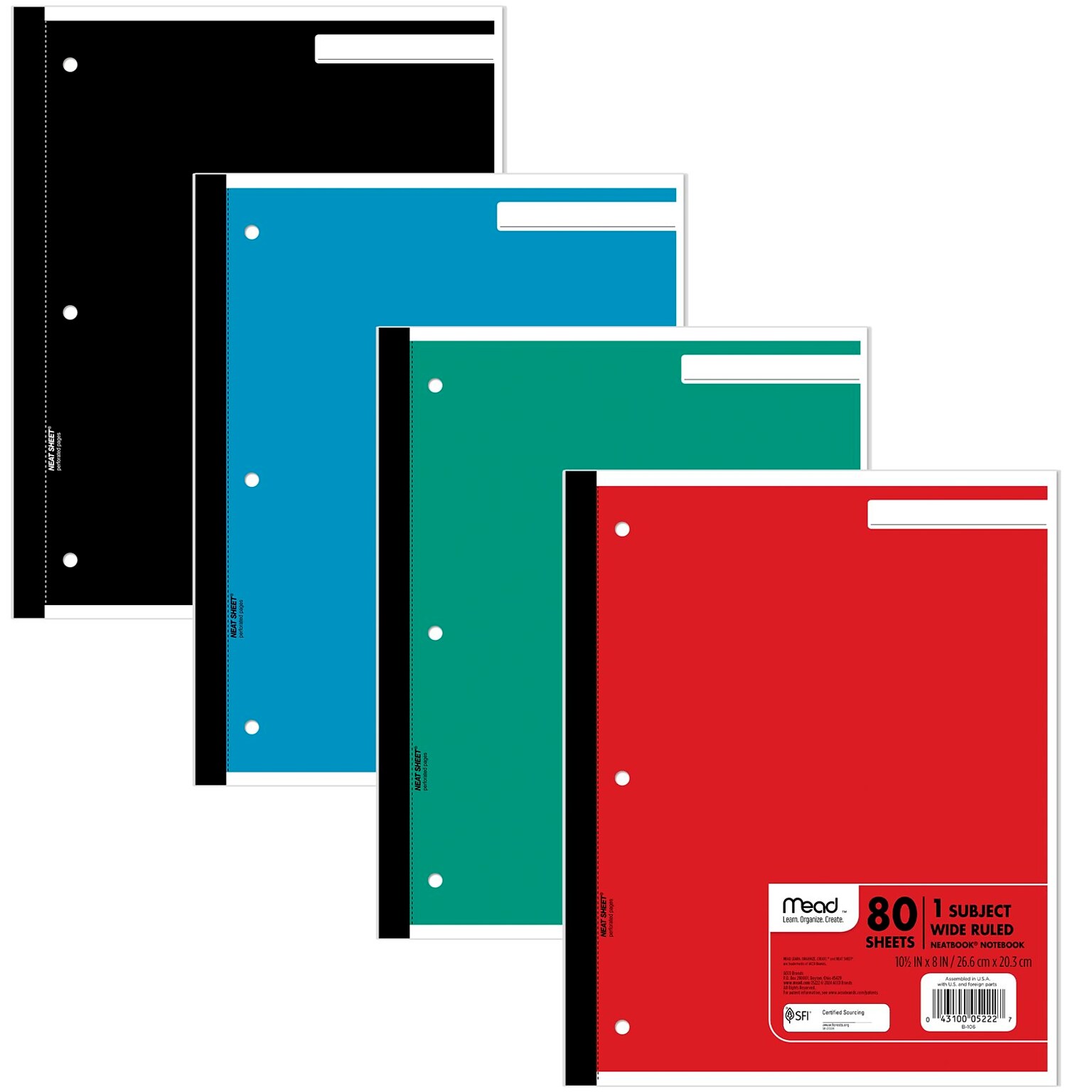 Mead Wireless Neatbook 1-Subject Notebooks, 8 x 10.5, Wide Ruled, 80 Sheets (05222)